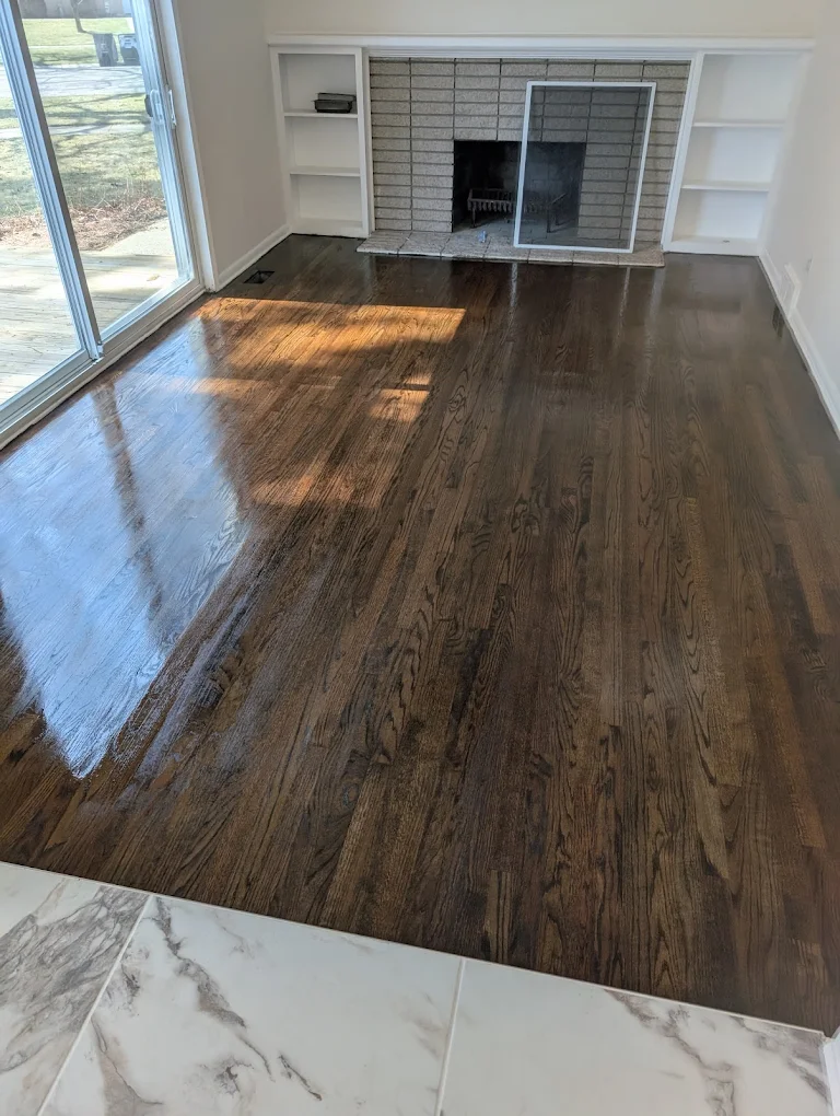 Dark stained hardwood living room